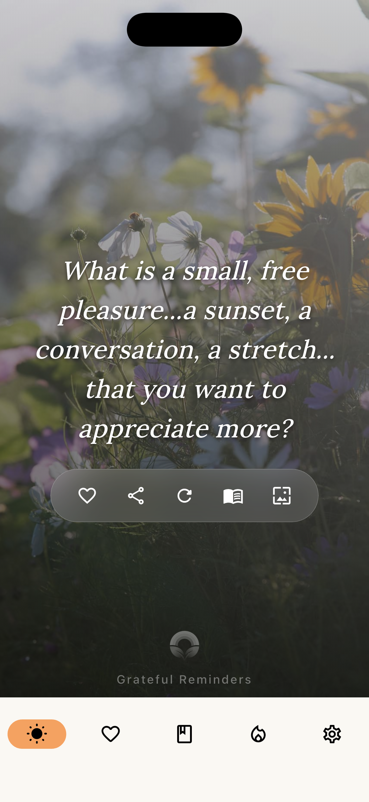 Grateful Reminders prompt screen with flower background